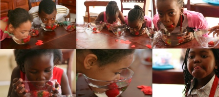 When Marjaneh first suggested bobbing for strawberries, I thought, 'ewe gross.' But, I figured if everyone got their own bowls, it wouldn't be so gross. But, no, it was still pretty gross. But, the kids loved it!